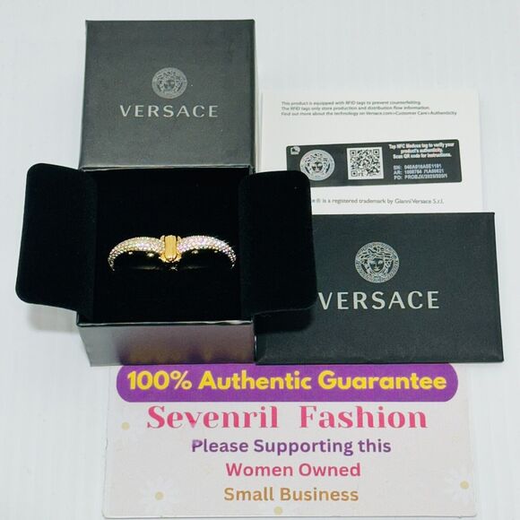 Versace Galaxy Medusa Crystal Engraved Cuff Double Ring Gold Tone Sz M NWT $525 - Picture 5 of 11